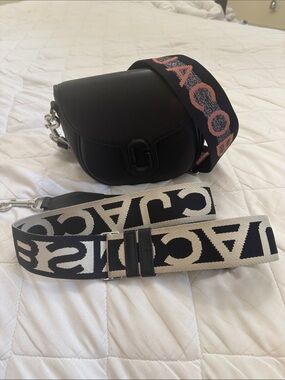 Marc Jacobs Black Leather Shoulder Bag with Branded Black & Coral Strap
